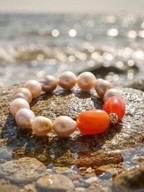 Baroque Pearl Stretch Bracelet with Red Agate, Genuine Pearls, One-of-a-Kind